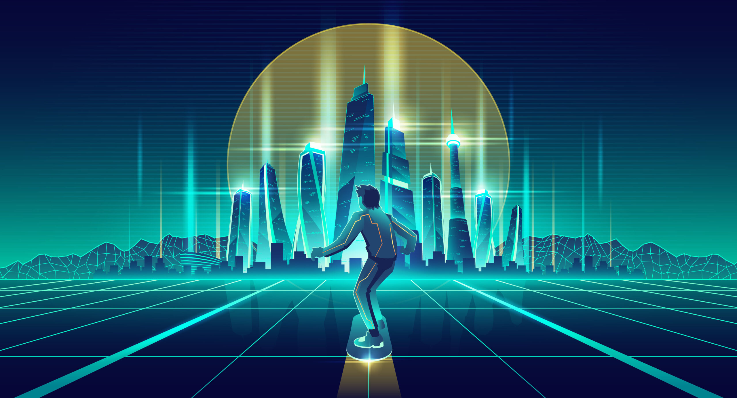 Skateboarding in virtual reality cartoon vector background. Man flying on levitating skateboard under glossy surface with glowing neon grid to futuristic metropolis skyscrapers on horizon illustration
